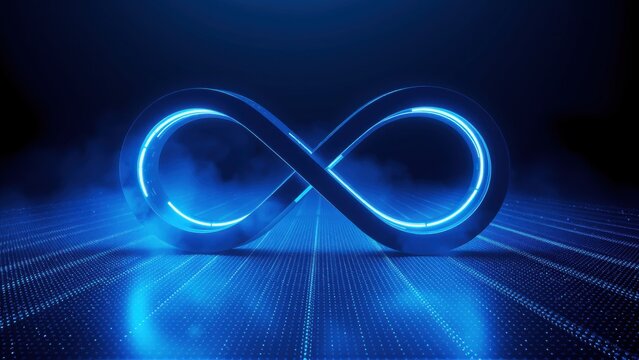 Bright blue infinity symbol glows above digital lines. Dark background creates dramatic, futuristic effect. Reflective surface adds depth.
