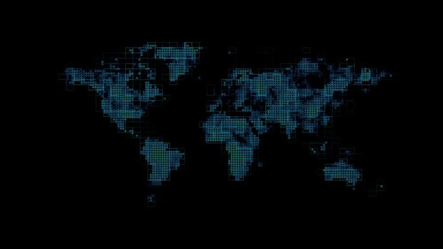 Digital world map graphic with blue glitch effect on black background