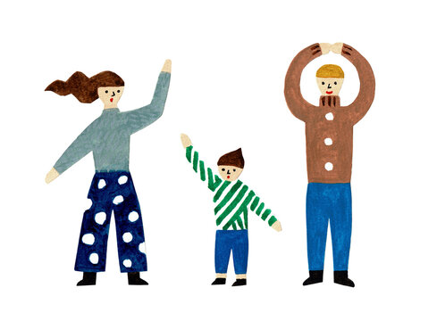 笑顔でポーズをする若い家族（父親・母親・男の子）のイラスト