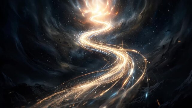 Luminous golden energy stream flowing through a dark, starlit nebula in a cosmic journey