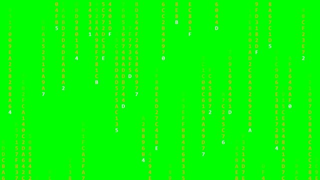 Digital hex code streams cascade vertically against green screen