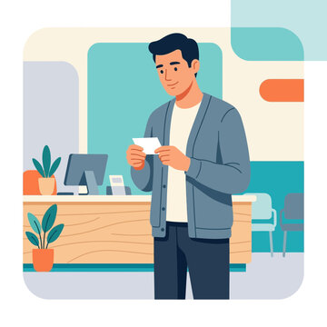 Man Holding a Small White Paper in a Modern Office Reception Area with Plants and Computer