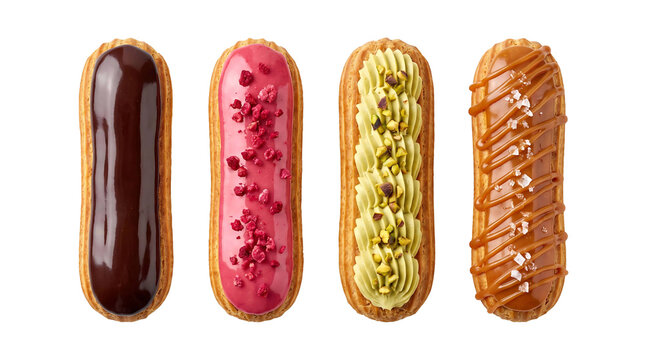 Four classic French pastry eclairs with colorful glaze arranged in a row isolated element on transparent background