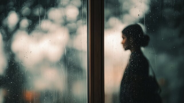 silhouette of a woman behind a rainy window
