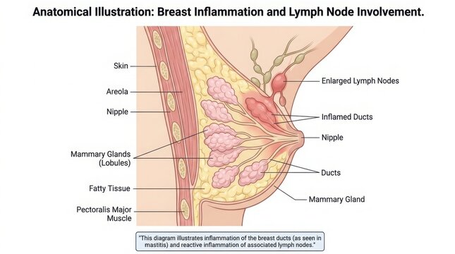 Anatomical diagram of human breast inflammation and lymph nodes illustration