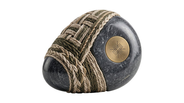 Modern artisan polished marble stone sculpture, handcrafted decorative marble paperweight with woven fiber wrap, zen interior decor