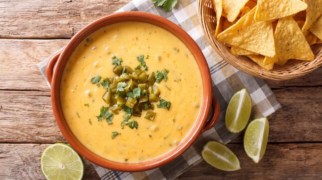 Homemade yellow queso cheese sauce with tortilla chips and lime