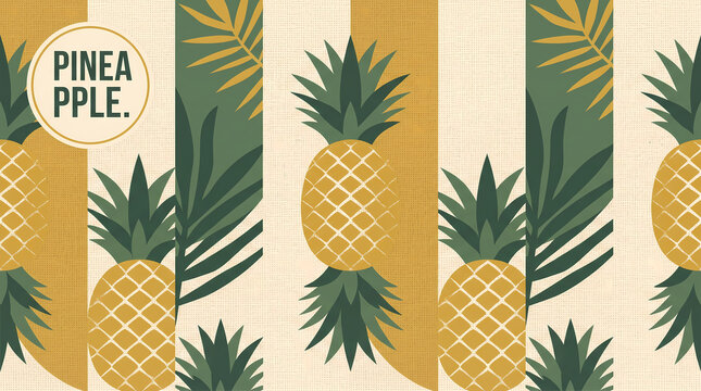 trendy pineapple vector illustration with striped leaves and vintage ornamental fabric pattern for logo packaging label poster and textile print design