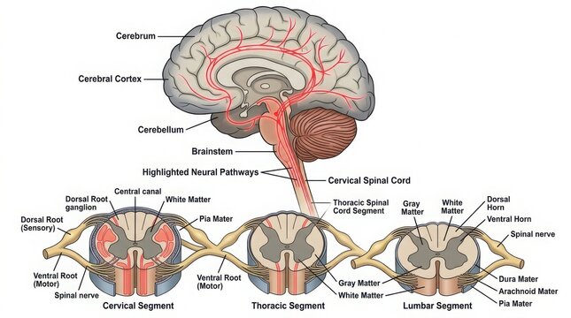 Medical diagram of human brain and spinal cord anatomy illustration