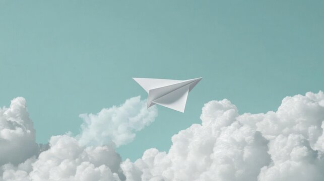 Paper airplane soaring through clouds