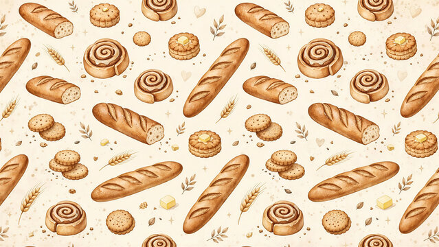 A seamless pattern in warm brown tones, featuring French baguettes, cinnamon rolls, cookies, and wheat stalks.