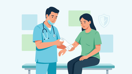 Fototapeta premium Doctor applying bandage to patient's arm, medical care and treatment concept, vector illustration