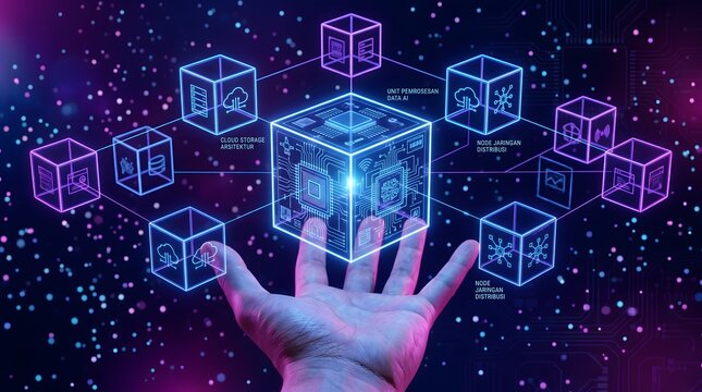 Human hand holding a glowing central processor cube connected to cloud storage and distributed network nodes in a futuristic digital ecosystem