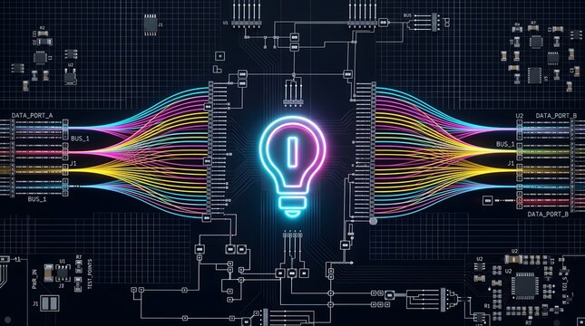 Neon lightbulb icon in the center of a circuit board schematic with colorful data bus lines representing technological innovation and smart ideas