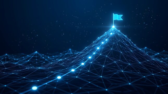 Digital mountain peak with glowing flag and illuminated pathway representing business goal achievement, strategic milestone, and leadership success