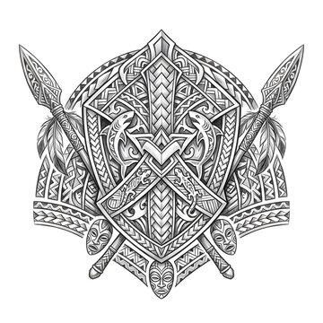 Intricate tribal shield design with spears and decorative patterns