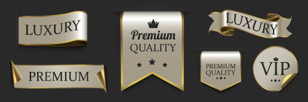 Set of luxury gold and silver premium quality labels and badges for business design. Vector illustration.
