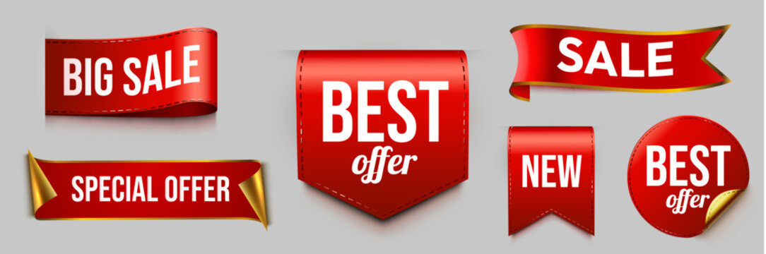 Set of realistic red sale tags and ribbons. Promotional labels for marketing, discount and banner. Vector illustration
