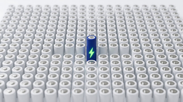 Single rechargeable battery standing among many identical white battery cells