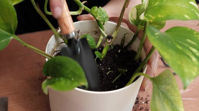 Hand using a small garden trowel to plant golden pothos in a white pot with soil, close-up gardening and repotting process on a wooden table