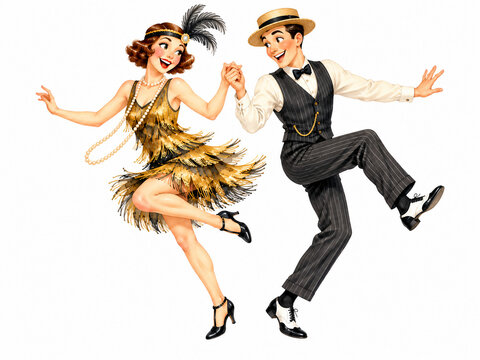 Lively 1920s-inspired jazz dancers in elegant vintage clothing, captured in energetic dance poses and isolated on white with copy space.