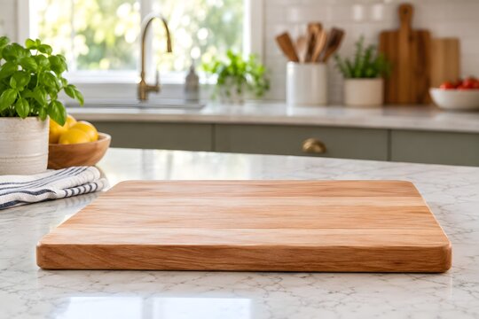 Empty wooden cutting board on kitchen counter with blurred background