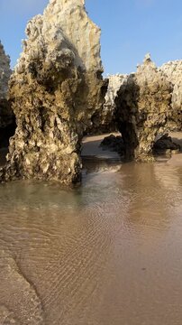 Extreme low tide reveals a hidden rocky world normally beneath the ocean. A shaky handheld POV adventure through shallow water captures footsteps, distant voices and echoes among the rocks.