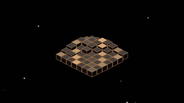 Geometric cube grid rotates in deep space starfield