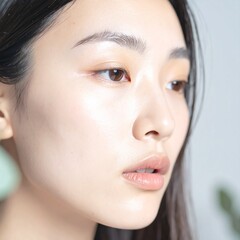 Obraz premium close up portrait of young beautiful asian woman exuding mystery, sadness