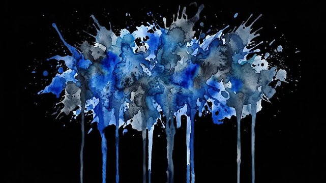 Blue and grey watercolor paint splatters dripping on black background