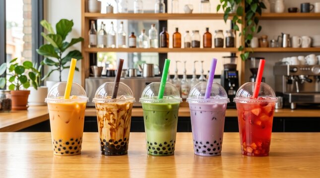 Colorful bubble tea drinks displayed on a wooden counter in a cafe