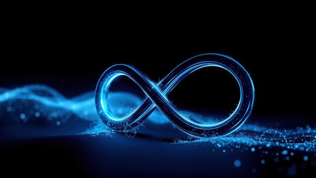 Glowing infinity symbol over dark background. Blue light creates dynamic, flowing effect. Particles suggest limitless potential.