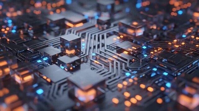 Futuristic circuit board with glowing blue and orange data pulses