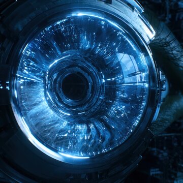 Close up of a futuristic glowing blue mechanical eye sci fi technology concept