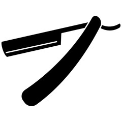 Obraz premium Glyph style icon illustration of an open classic barber straight razor folding knife isolated on transparent background. Black solid silhouette design element for traditional shave.