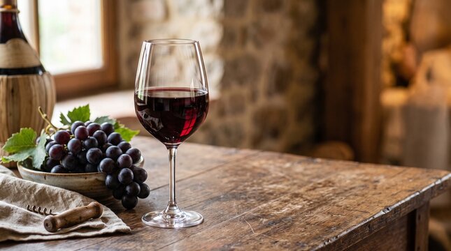 Glass of red wine and grapes on a rustic wooden table