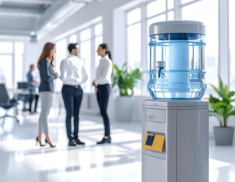 Modern Office Water Cooler with Blurred Colleagues Conversing