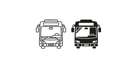 City bus front view icons in solid and linear styles for public transport signage. © Adobe
