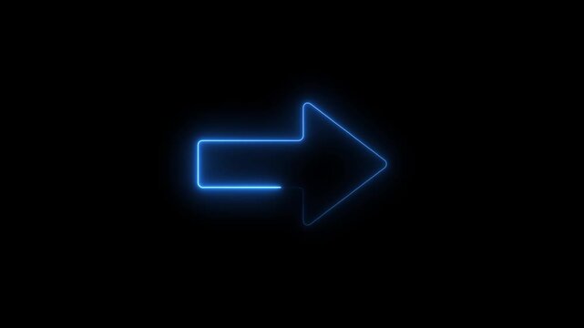 Glowing blue neon arrow pointing right on black background abstract digital animation directional sign forward movement concept