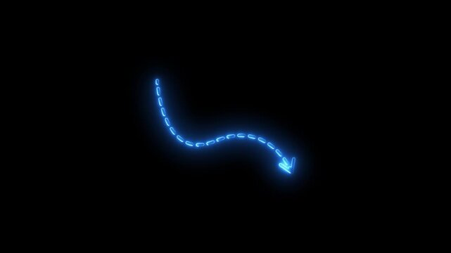 Glowing blue neon dashed arrow tracing a curved path downwards on a dark background digital animation abstract directional