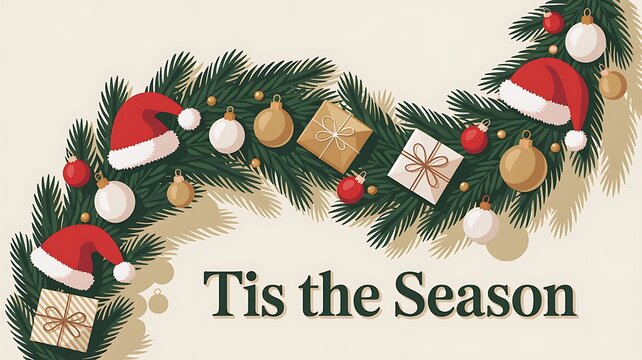 Tis the season christmas greeting design with santa hats ornaments and festive evergreen branches