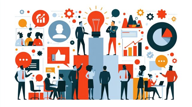Teamwork and innovation concept with diverse professionals collaborating on ideas and growth charts