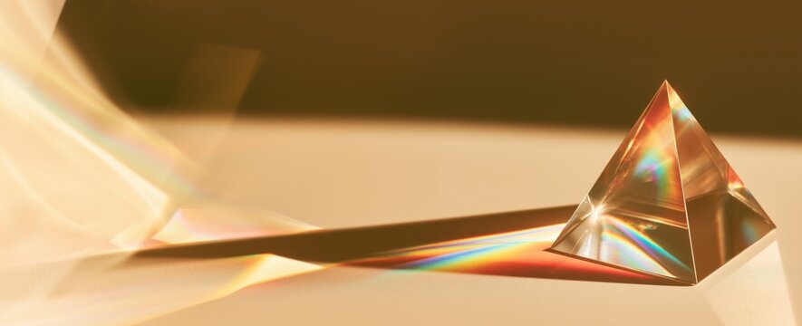 Transparent glass prism casting rainbow spectrum and colorful refracted light on warm beige background.