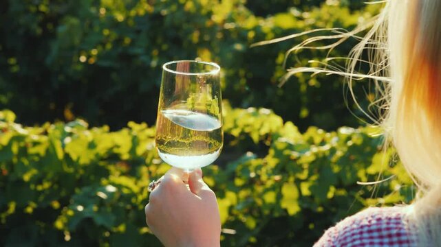 Woman swirls glass of white wine in vineyard at sunset gentle breeze rustles her hair.