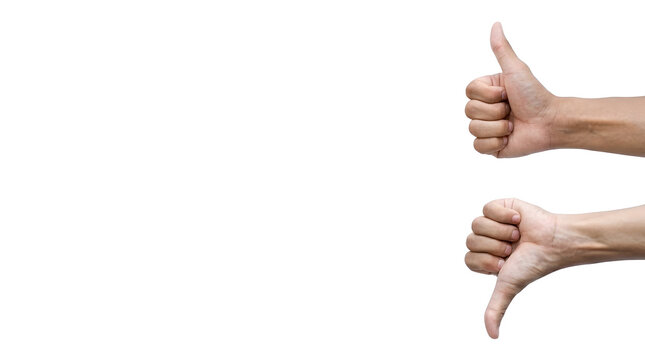 Two human hands showing thumbs up and thumbs down gestures isolated on a white background, representing choice, customer feedback, satisfaction rating, like versus dislike, and evaluation concept.