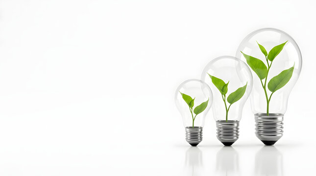 Sustainable energy concept with three light bulbs of different sizes containing green plant sprouts growing inside, symbolize environmental growth, eco-friendly innovation, and green technology.