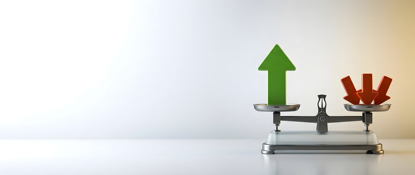 Minimalist 3D render of a metallic balance scale weighing a large green upward arrow against small red downward arrows, symbolizing financial growth, profit, and overcoming economic losses.
