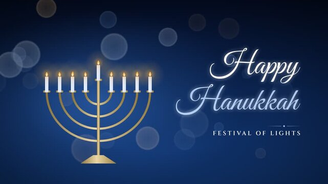 Golden Hanukkah Menorah Lights Up Dark Blue Background