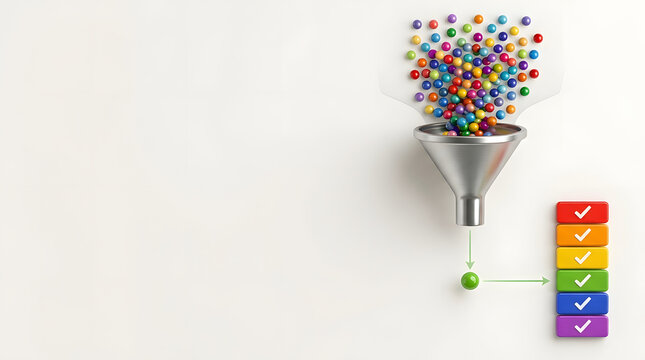 Business concept illustration showing a 3D metal funnel filtering multiple colorful spheres into a single green ball directed towards a checklist for data processing and lead conversion optimization.