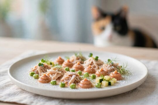 Gourmet wet cat food artistically plated on a minimalist dish with fresh herbs and peas while an eager feline looks on from behind